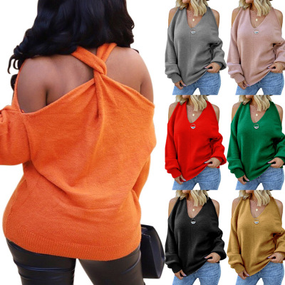 Vneck offShoulder Sweater 2020 Autumn and Winter New Foreign Trade Women's Sexy Cross Wraparound Backless Sweater Women