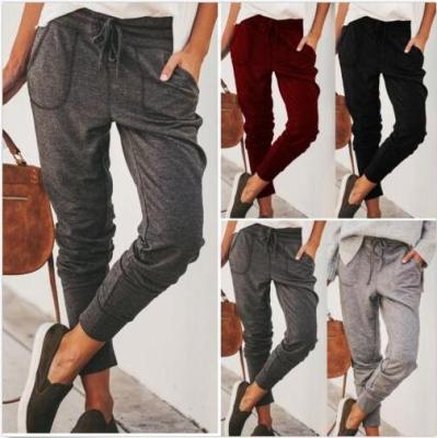Cross-Border Special for Amazon Wish Hot Women's Elastic Lace-up Casual Pants Loose Pocket Feet Pants