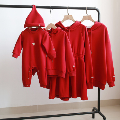 Special Winter Sweater with Velvet New Year Bright Red Embroidered KoreanStyle ParentChild Matching Outfit Women's Dress
