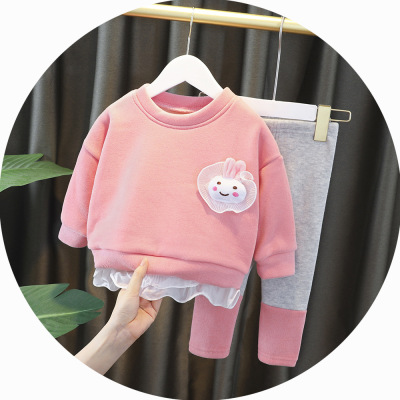 2020 Children's Brushed and Thick Two-Piece Cartoon Rabbit Pattern Set Factory Wholesale Korean Children's Clothing