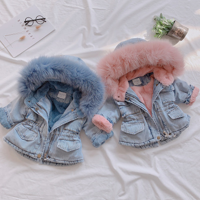 Winter New Girl's Coat Korean-Style Children's Padded Fleece Jeans Coat Men's Big Fur Collar Cotton-Padded Clothes