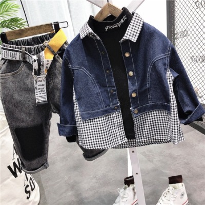 Boys' Long-Sleeved Denim Shirt 2020 Spring and Autumn New Plaid Stitching Shirt C11056