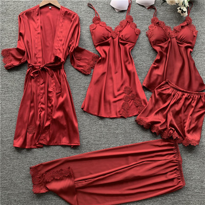 and Summer Pajamas Women with Chest Pad Pajamas FivePiece Silk Sexy Night Dress Autumn Women's Viscose Fiber Nightgown