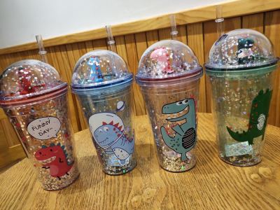 Factory Direct Sales Double-Layer Plastic Dinosaur Ice Cup Outdoor Portable Cartoon Cup with Straw Fashion Sequin Portable Bottle