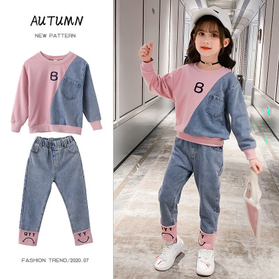 2020 New Autumn Girl's Set Denim Stitching Two-Piece Children's Garment Girl's Super Fashion