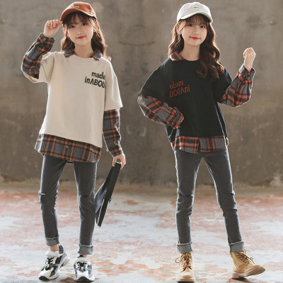 Korean Girls' Sweater 2020 New Autumn Style Children's Plaid Casual Printed Hoodie Cross-Border