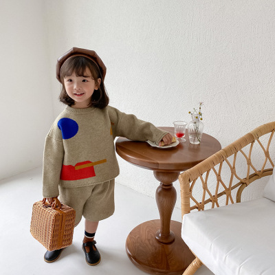 Emo Beibei Ambb2020 Autumn and Winter Korean Girl Baby Anti-Pilling Core-Spun Yarn Geometric Sweater Two Piece Suit