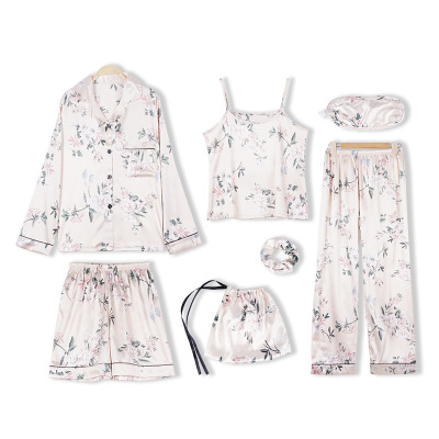 One Piece Dropshipping New Style Flower Seven-Piece Pajamas Women Spring Long-Sleeved Silk Sexy Homewear Set Pajamas