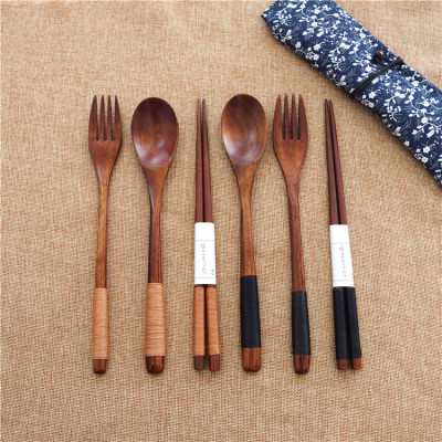 Japanese-Style Wrapping Spoon Fork Chopsticks Three-Piece Set Creative Adult Long Handle Wooden Oval Tableware Set