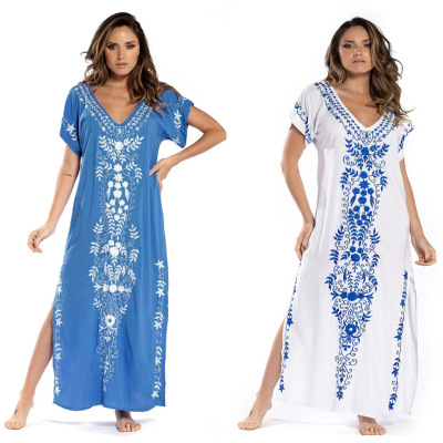 Beach Smock Rayon Embroidered Beach Robe Holiday Beach Dress Cross-Border Amazon 19034 (Six Colors)