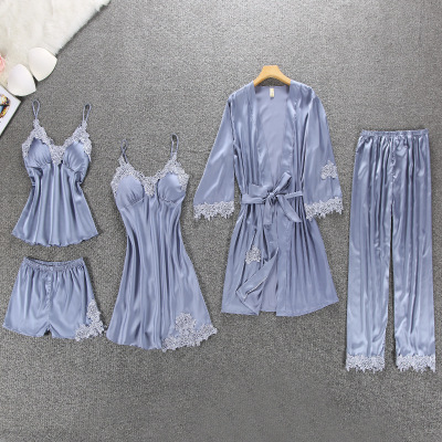 Summer Korean-Style Sexy Lace Princess Strap Nightgown Five-Piece Suit Sexy Thin Skirt Leisure Tops with Chest Pad
