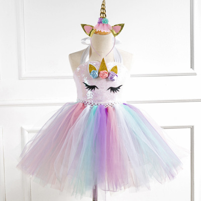 Send Headwear 2019 New Sequined Mesh Hand Tied Girl's Gown One-Horn Children's Dress Princess Dress