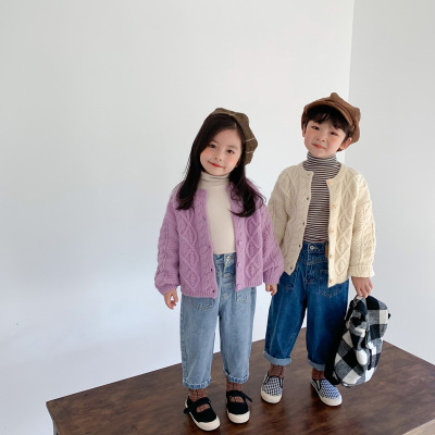 Girl's Coat 2020 Autumn Korean Style Children's Linen Flower Color Knitted Cardigan Western Style Baby's Sweater Beige