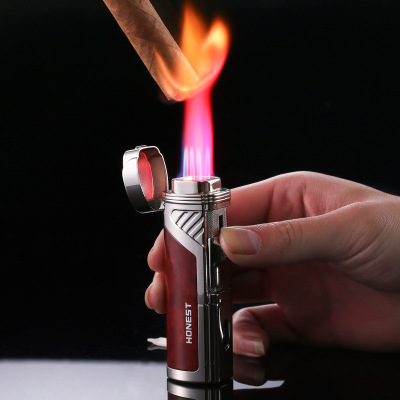 Baicheng Cool Multi-Function Cigar Knife Four Straight Lighter Creative Wood Red Lighter Wholesale Hot Selling Models