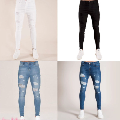 2020 Foreign Trade New Men White SlimFit Skinny Pants European Station Hole Paint with Drawstring Jeans Men