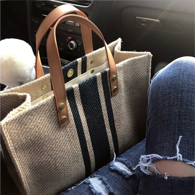 Portable Briefcase Ol Professional Business Commuter Striped Simple Square Canvas Big Bag Shoulder Bag for Women