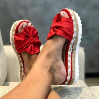 Hot Selling Slanted Heel ThickSoled Hemp Rope Large Size Female Slippers Summer 2020 New Fish Mouth Bow Flower Slippers