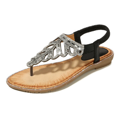 Bohemian Cross-Border Sandals Exquisite Leaves Crystal Beaded Sandals Beach Split Toe Wedge Shoes Factory Direct Sales