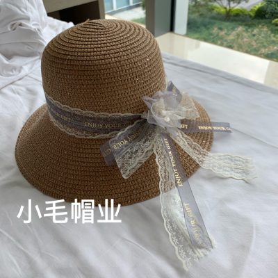 White Double Layer Lace Bow Holiday Straw Hat Knitted Hat Elegant Female Cap Sunbonnet