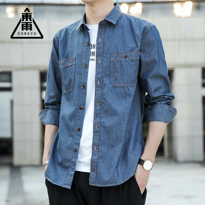 Men's Long-Sleeved Shirt Cotton Youth Cloth Slim Casual Denim-like Fabric Shirt Jacket Fashion Men's Tops Wholesale