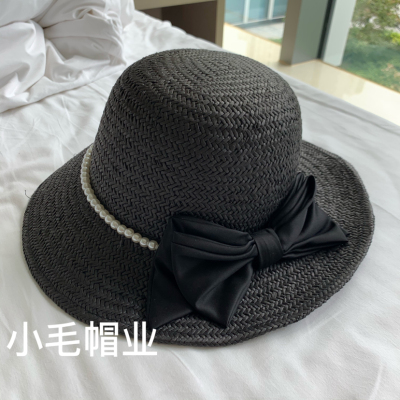 Black Big Bow Pearl Straw Hat Elegant Hat Sunbonnet Raffia Hat Female Cap