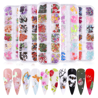 Cross-Border Exclusive Manicure Wood Pulp Butterfly Colorful Small Flowers Christmas Halloween Nail Ornament Set