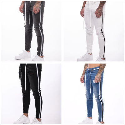 2020 Foreign Trade New Men White Slim Hole Skinny Pants European Station Paint with Drawstring Jeans Men