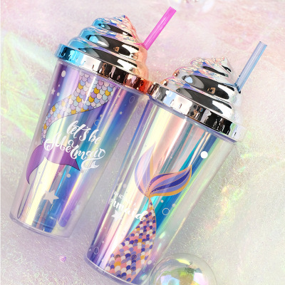 Cross-Border Electroplating Mermaid Sequins Plastic Water Cup Creative Girl Cup with Straw Foreign Trade Gift Handy Cup in Stock