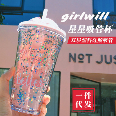 Girlwill Graffiti Stars Double Plastic Straw Cup Girl Heart Ins Style Cute Internet Celebrity Water Cup Adult