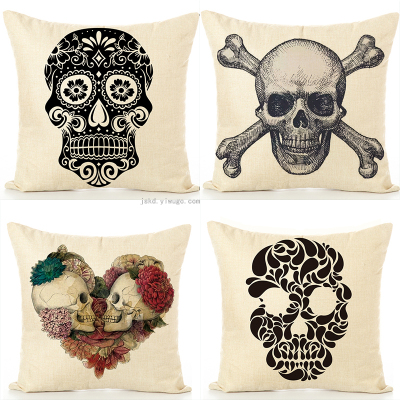 Halloween Pillow Case Black and White Skull Cotton and Linen American Printed Car Cushion Pillow Creative Fashion Pillow Wholesale