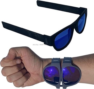 Slingifts Folding Sunglasses with Slap Bracelet Arms Folds in Half at The Bridge and Snaps to Your Wrist or Bag