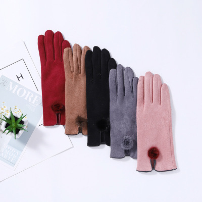 Suede Gloves Women's Autumn and Winter Touch Screen Thermal Gloves Pu Edge Fur Mouth Gloves Outdoor Plus Fluff Thickened Gloves