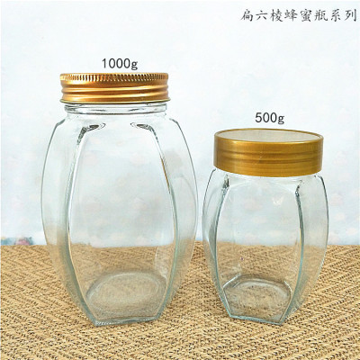 500g1000G High-Grade Hexagonal Honey Bottle 1 Jin 2 Jin Honey Glass Bottle Transparent Pickles Bottle