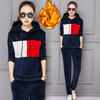 Double-Sided Velvet Gold Velvet Sports Suit Women's Autumn and Winter New Fashion Velvet Padded Thickened Casual Sweatshirt Two-Piece Suit