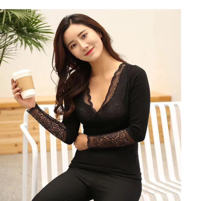 Heating Underwear Women's Body-Shaping Top Thermal Underwear Women's V-neck Lace Fleece-Lined Base Clothing Winter