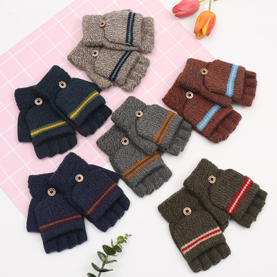 Foreign Trade Korean Style New Trendy Men's and Children's Striped Half Finger Flip Gloves Winter Travel Warm Factory Wholesale