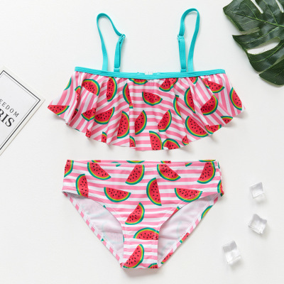 New Foreign Trade 2020 Girls' Split Bikini Swimsuit Striped Watermelon Avocado Children's Ruffle Swimwear