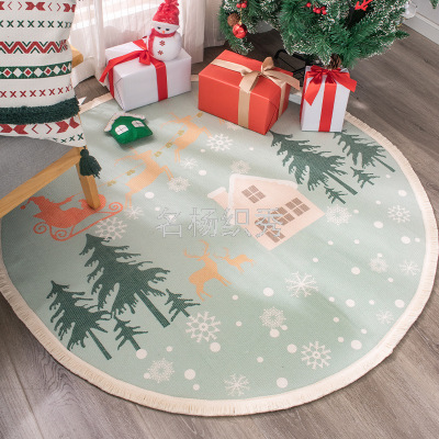 Christmas Printing-Snow Fox/Moose 120cm round Nordic Bedroom Floor Mat Cotton Braided Tassel Lace Carpet