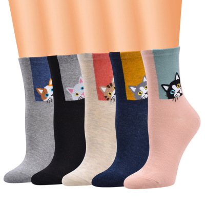 New Autumn and Winter Women's All Cotton Mid-Calf Length Socks Korean Cartoon Socks Women's Kitten Funny Cotton Socks Women's Wholesale
