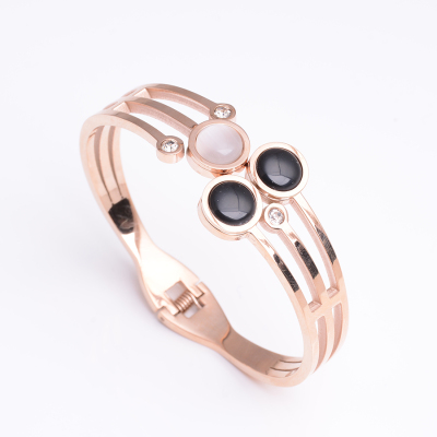 Fashion Exaggerated Black and White Cat's Eye Bracelet Titanium Steel Wide Version Bracelet 18K Rose Gold Ornament Female All-Match Gift