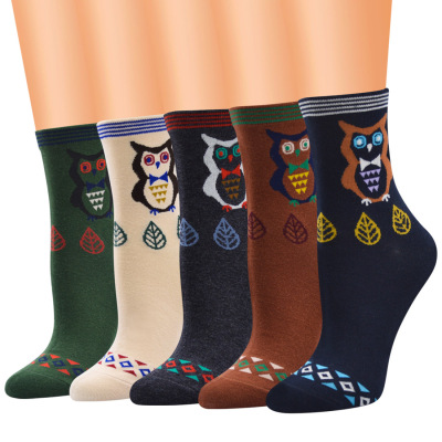 New Winter Owl Pattern Socks for Women Middle Tube Cotton Socks Women's Socks Women's All Cotton Socks Creative Socks Wholesale
