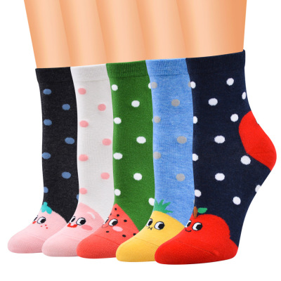 20 New Korean Style Cartoon Fruit Female Middle Tube Socks Polka Dot Socks Children's Fun Pattern Women's Socks Cotton Socks Wholesale