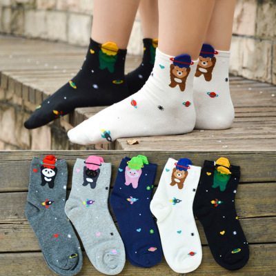 Space Ship Series Cartoon Animal Women's Cotton Mid-Calf Socks Three-Dimensional Cartoon Socks Cool Cotton