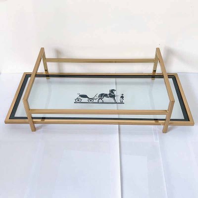 Affordable Luxury Style Nordic Metal Glass Pattern Tray Model Room Decoration Plate Living Room Coffee Table Desktop Tray Decorations