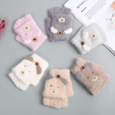 Autumn and Winter Student Writing Warm Half Finger Flip Gloves Girl's Wool Cute Cartoon Sweet Color