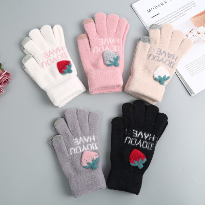 Women's Korean-Style Cute Ins Student Girl Plush Fleece-Lined Warm Five-Finger Cold-Proof Touch Screen Gloves