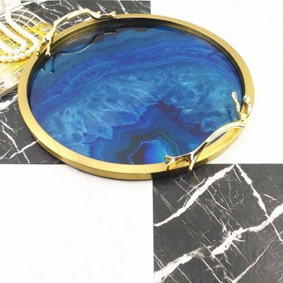 Factory Simple Pure Copper Blue Agate Storage round Tea Tray Model Room Home Restaurant Decoration Metal Crafts