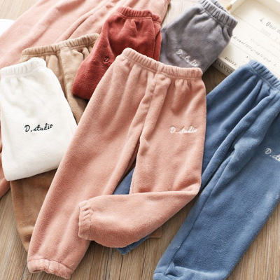 Children's Warm Pants Autumn and Winter Fleece Thick Coral Fleece Leggings Home Warm Pants Boys and Girls Pajama Pants Western Style