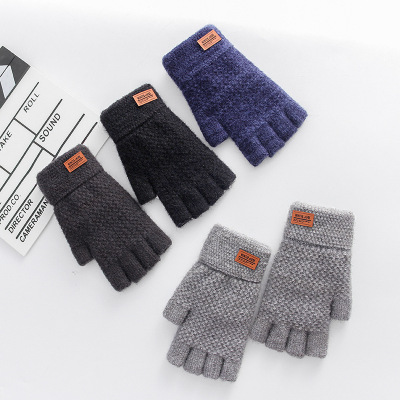 Winter Gloves Men's Half Finger Open Finger Flap Thickened Knitting Alpaca Fleece/Fiber Warm Velvet Cycling and Driving Gloves Wholesale
