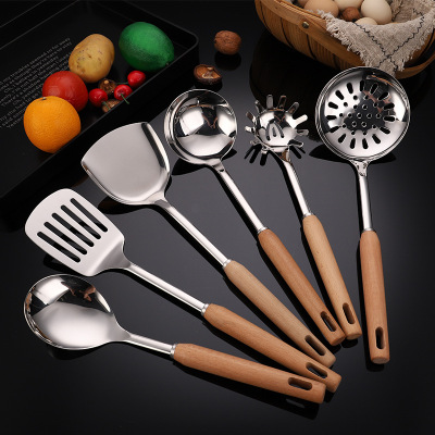 Factory Direct Sales Wooden Handle Stainless Steel Spatula Colander Spatula Soup Spoon Slotted Spoon Kitchenware Set Customizable Logo